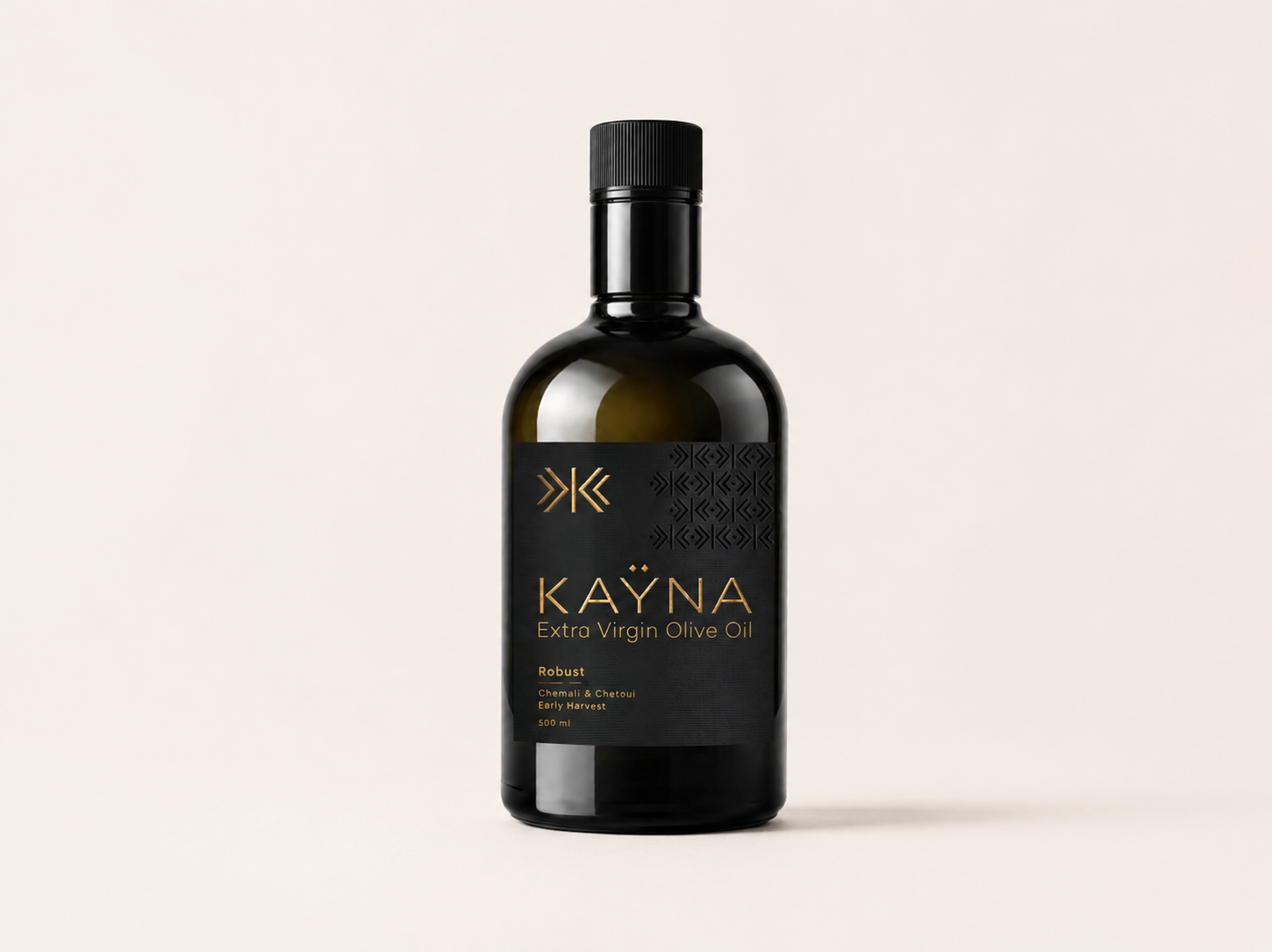 Bouteille KAŸNA Robust — huile d'olive extra vierge, assemblage Chemlali & Chetoui, noir profond
