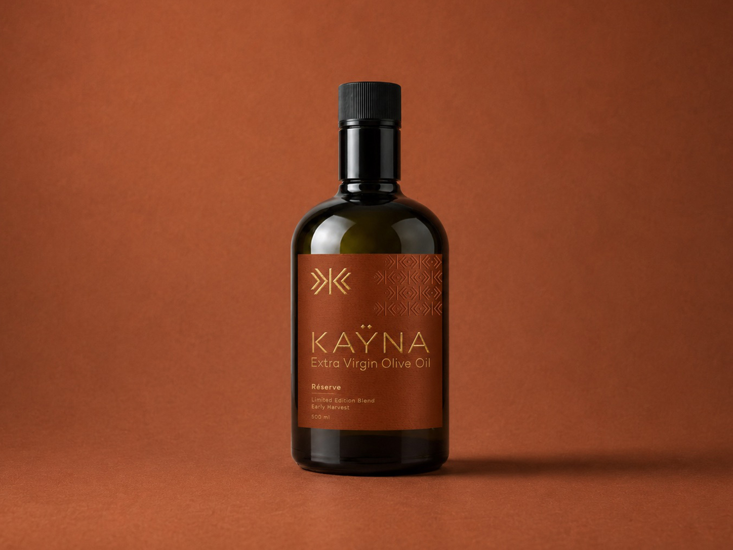 KAŸNA Réserve — huile d'olive extra vierge, Limited Edition Blend, bouteille terracotta